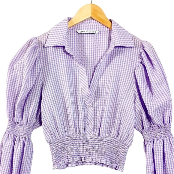 Zara, Lavender & White Gingham Check Crop Top, Long Sleeve, Renaissance, Peasant - Picture 1 of 14
